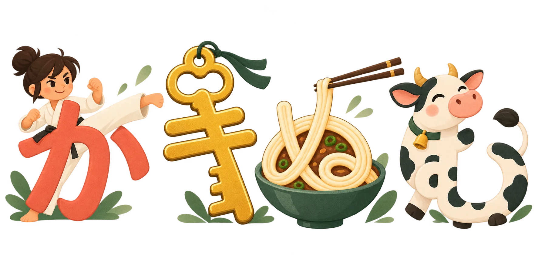Hiragana mnemonic illustrations: karate ka, key ki, noodle nu, and moo mu